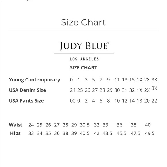 judy blue size chart